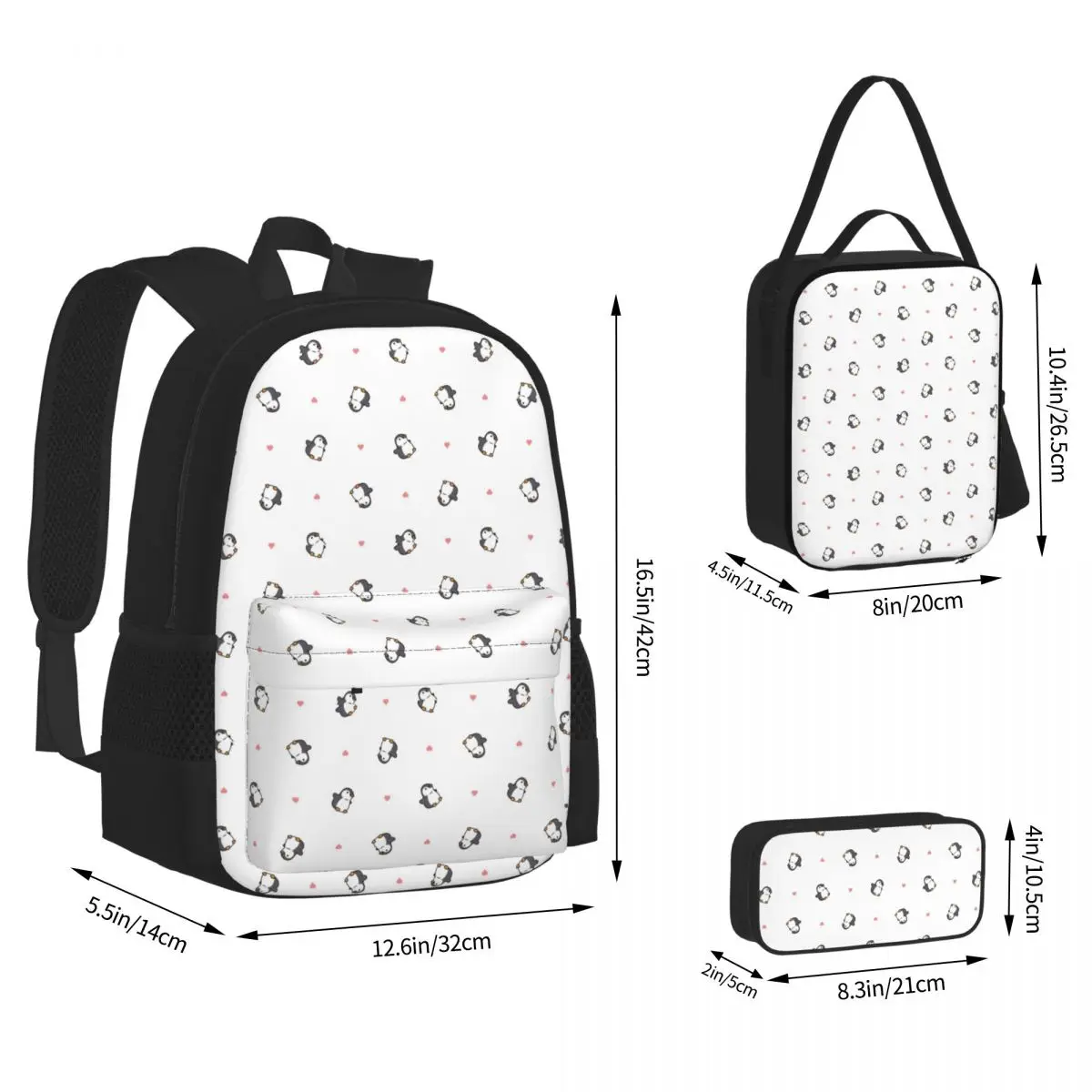 Cute Penguin Backpacks Students Bookbag School Bags Rucksack Lunch Bag Pen Bag Three-Piece Set