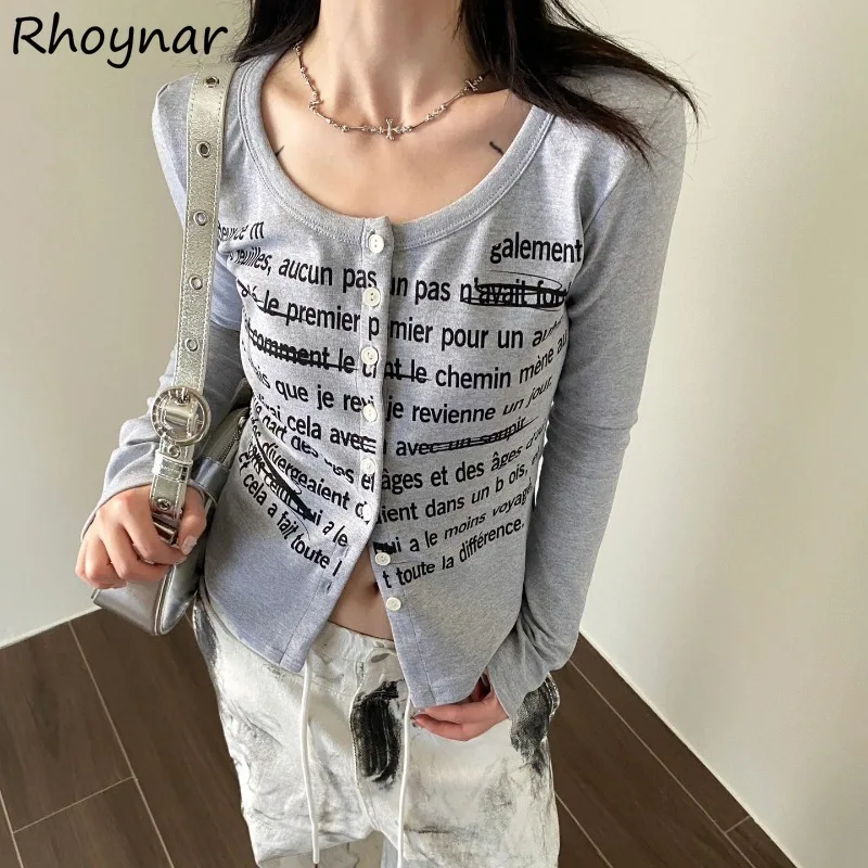 Printed T-shirts Women Autumn Spicy Girls Long Sleeve Slim Fit Single Breasted Fashion Trendy Korean Style High Street Popular