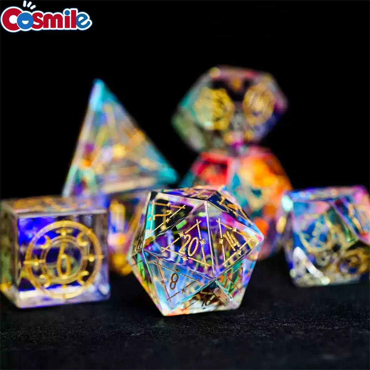 Creative Angled Glass Dice DND Handmade D4-D20 Polyhedral Gemstone Dice Set with Leather Box for D&D Role Playing Board Games