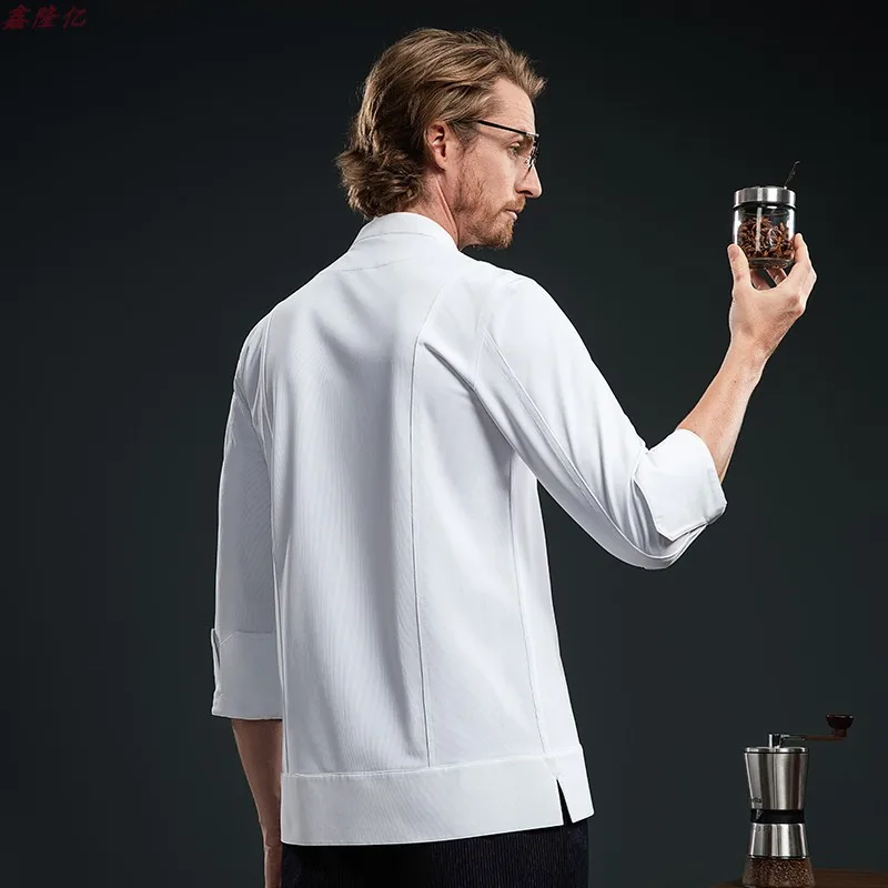 زي عمل طاه الفندق بأكمام طويلة للمطاعم الغربية، قميص أبيض لطهاة الفنادق، ملابس عمل عصرية بصدر واحد