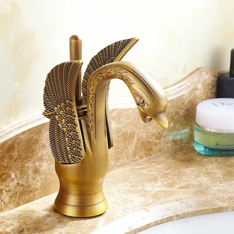 

Basin Faucets Swan Design Brass Bathroom Wash Basin Faucet Hotel Luxury Brass Sink Mixer Taps Hot and Cold Water Vanity Faucet