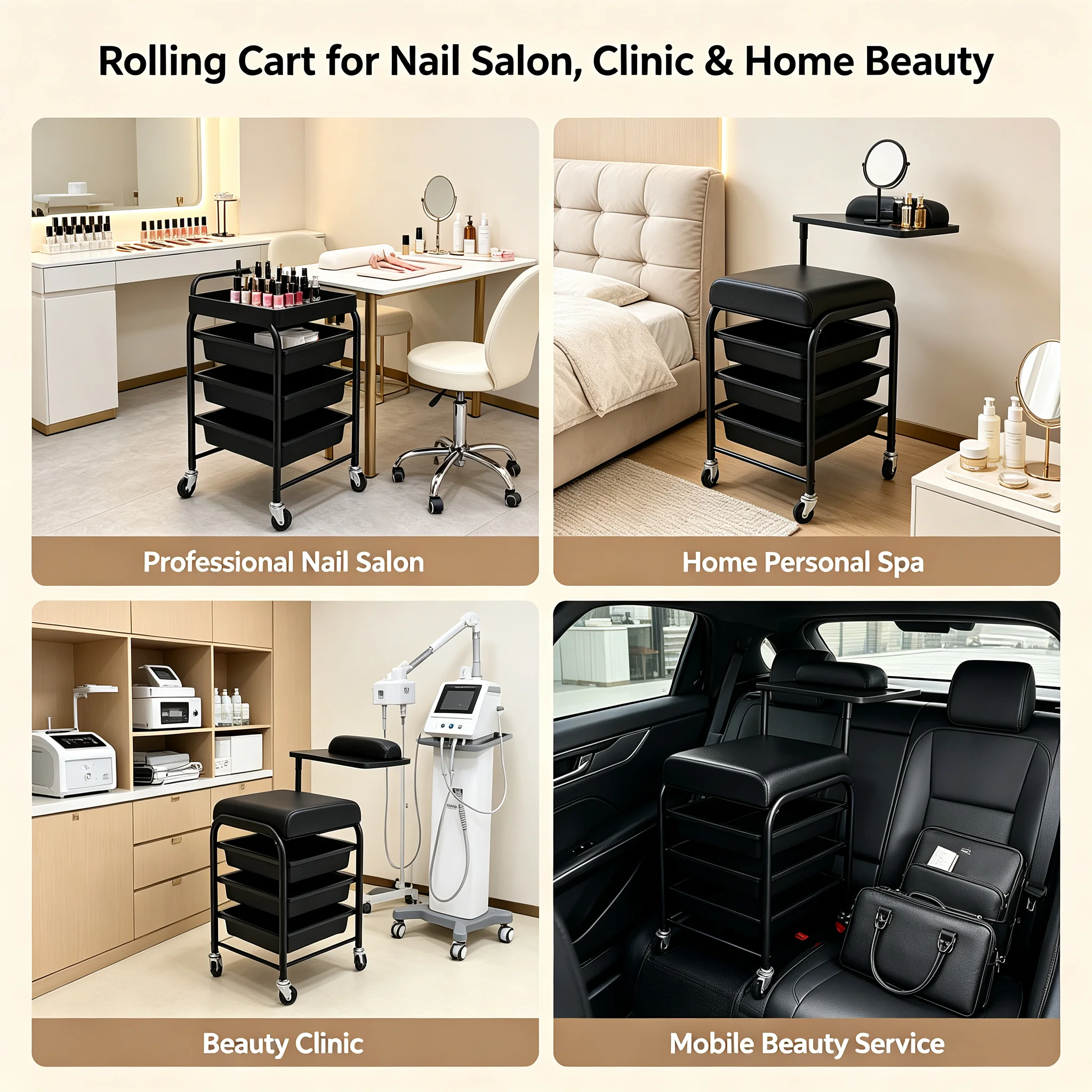 Spa Portable Cart Beauty Salon Nail Cart with 3 Drawers & 360° Rotating Hand Rest, Rolling Storage Cart 165.35lbs Seat Load for Beauty Parlor Clinic Home