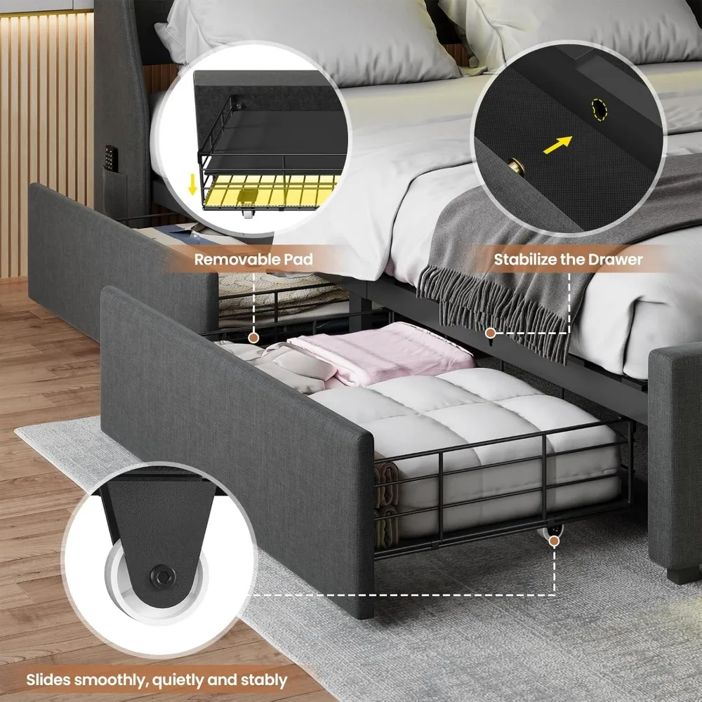Queen Size Bed Frame with 4 Storage Drawers, RGB LED Light, Charging Station, Slat Support, No Box Spring Needed, Easy Assembly image 4