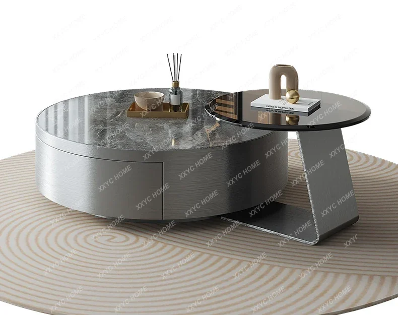 

Stone Plate Coffee Table Combination Small Apartment Modern Light Luxury Stainless Steel Size round Tea Table Household