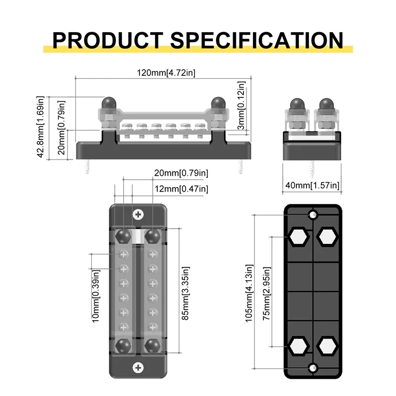 6 Way Dual Row Terminal 150A Bus Bar Block Ground Distribution With Terminal For Auto Marine Car Trailer RV Boat