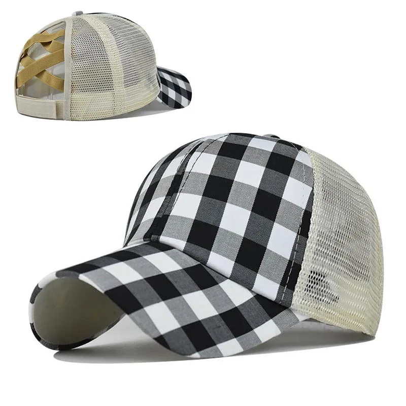 

Plaid Cross Hat For Women Protection Sun Hat Ponytail Baseball Cap