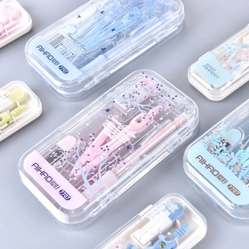 8pcs/set Durable Small Fresh Compasses Set Multifunction Rubber Automatic Pencil Protractor Ruler Kit