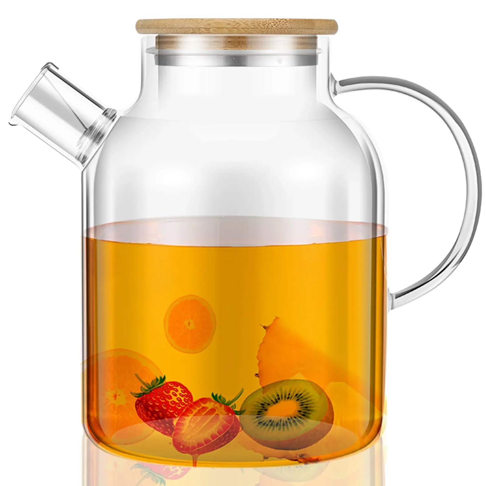 Glass Pitcher with Bamboo Lid 1800ml Glass Water Pitcher Heat Resistant Glass Jug with Handle Leafproof Glass Kettle with Nana