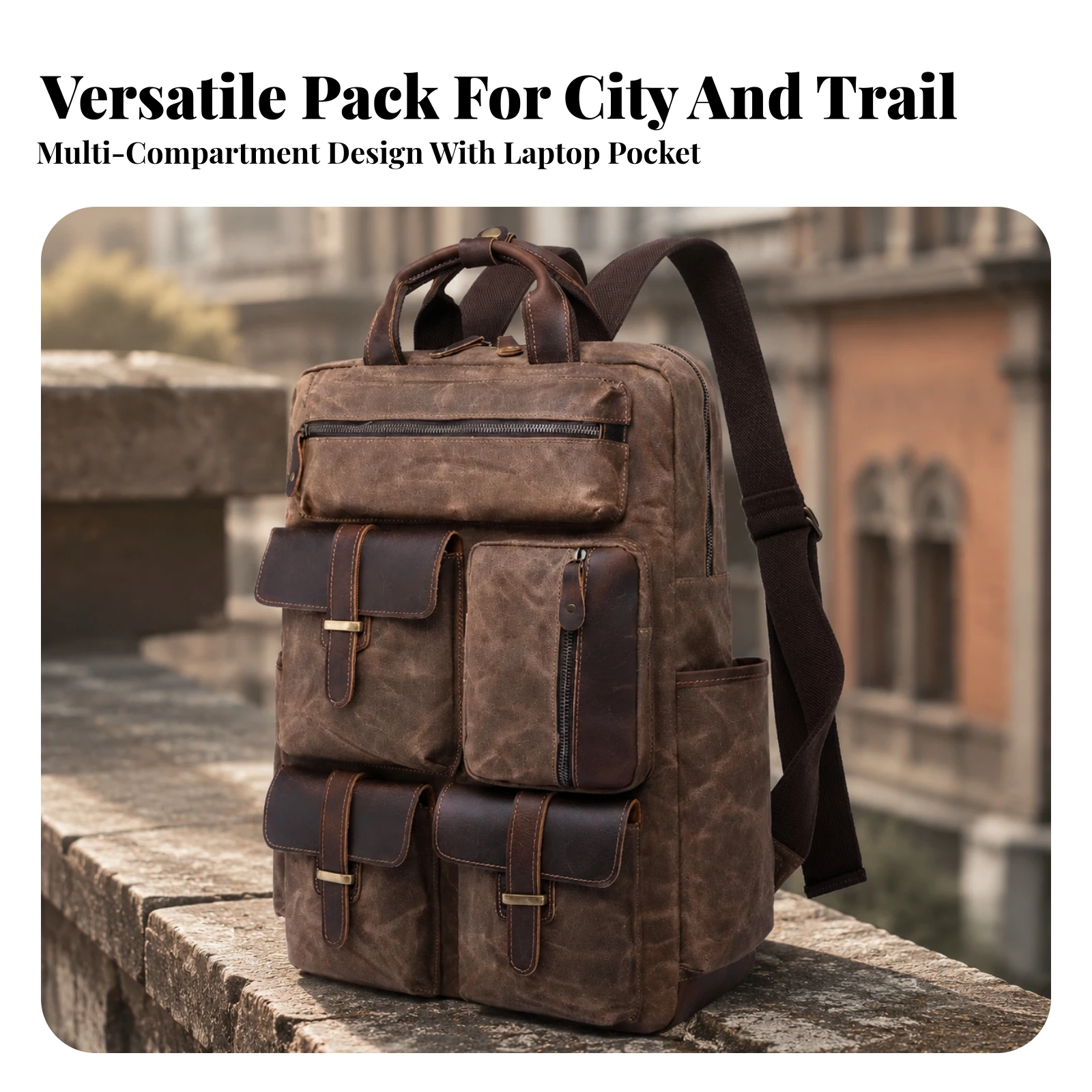 Canvas Leather Backpack Padded Vintage Canvas Backpack Rucksack Shock-Resistant Secure for All-Gender, Travel, Hiking