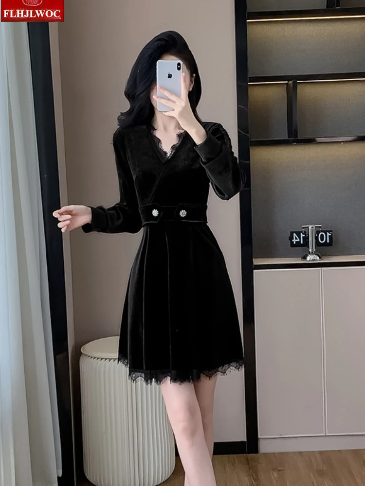 Robes chemise rétro en velours noir, nouvel an, fête de noël, filles mignonnes, femme, manches longues, boutons perlés scintillants, Mini robe en dentelle noire