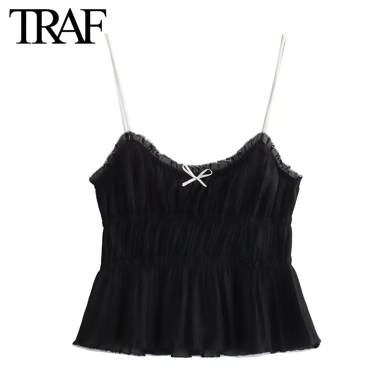 TRAF Women Fashion Summer Bow Pleat Backless Sling Top Blouse Street Clothing Vest Tank Chic Ladies Crop Tops Mujer