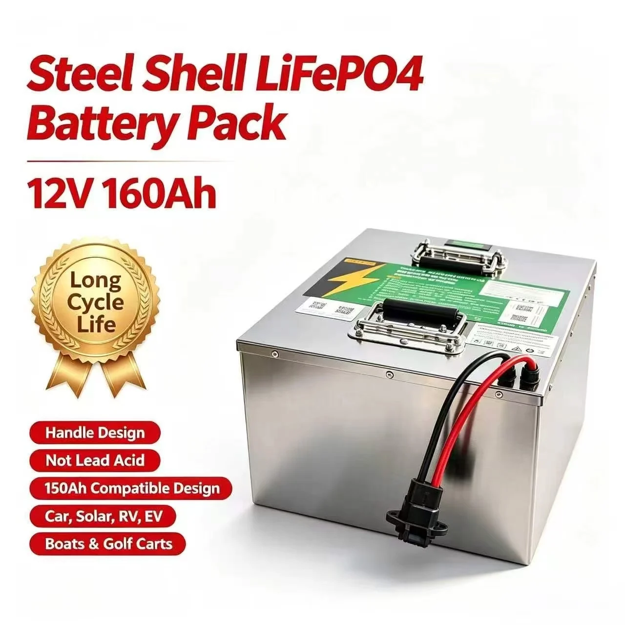 Steel shell Lifepo4 12v 160Ah battery pack Handle Not lead acid battery long cycle 150Ah car solar RV EV design,boats,golf carts