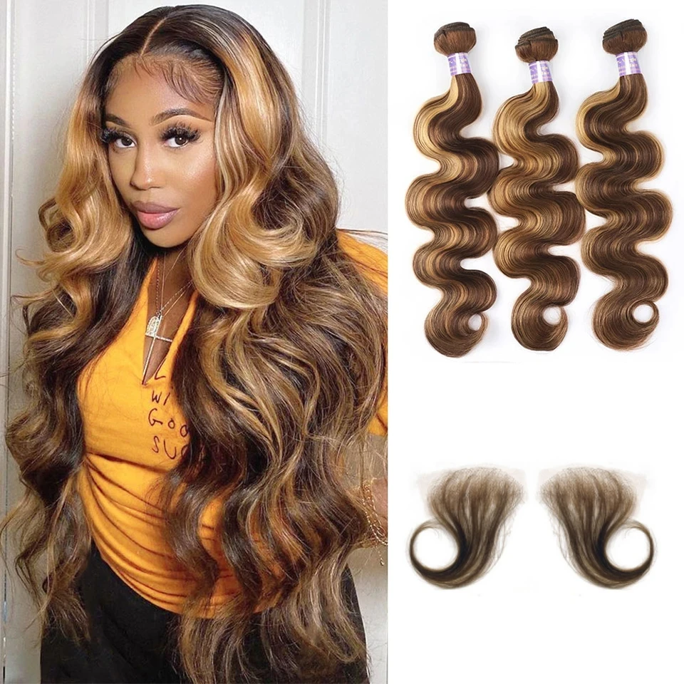 P4/27 Highlight Body Wave Bundles 100% Human Hair Bundles Brown Brazilian Hair Weave Bundle 24 26 inch 1 3 4 Remy Hair Bundles