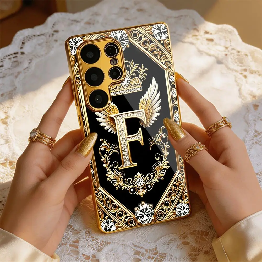 Gold Wing Letter F Print Electroplated Phone Case For Samsung Galaxy26 25 24 23 22 Ultra Shockproof Lens Frame Protective Cover