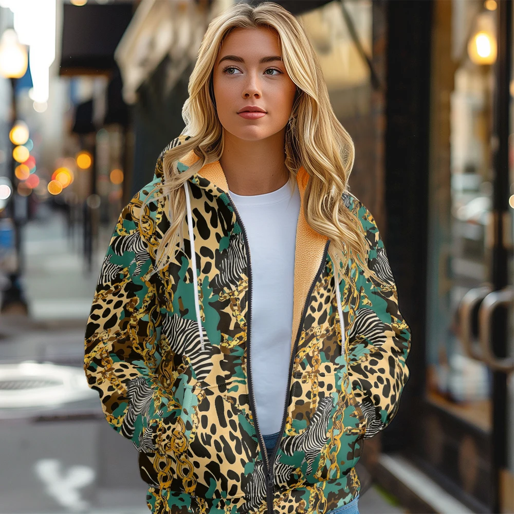 

Animal Marble Zebra Leopard Women Jackets Coats Print Hoodie Fleece Lined Multicolor Warm Streetwear Motorcycle Outwear Clothing
