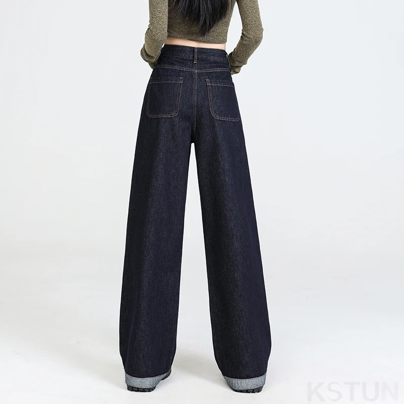KSTUN 2026 ربيع جديد المرأة عالية الخصر واسعة الساق الجينز مستقيم قطع المرقعة الإناث الأزرق الداكن عادية الدينيم السراويل خمر