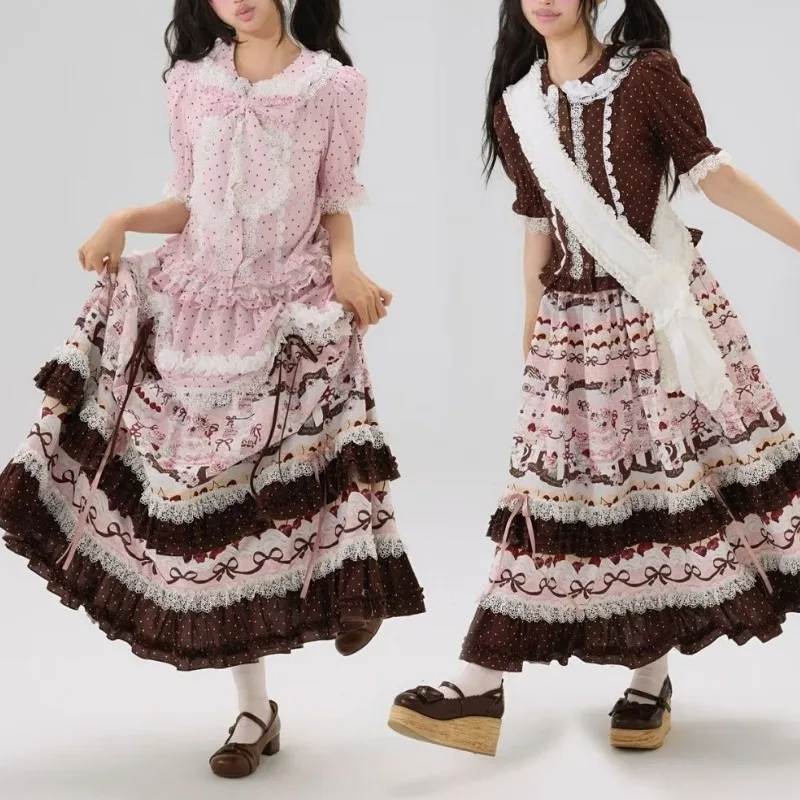 Damen Vintage Kawaii Mori Girl Lolita Mehrschichtiger Rüschen-Maxirock Süßer Niedlicher Gepunkteter Schleifenrock A-Linie Mintgrüner Langer Rock