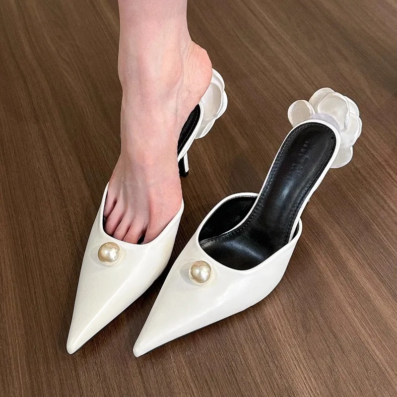 Scarpe da donna con punta a punta francese scarpe da donna con fiore di perle tacchi alti eleganti décolleté con tacco a spillo Slip on pantofole