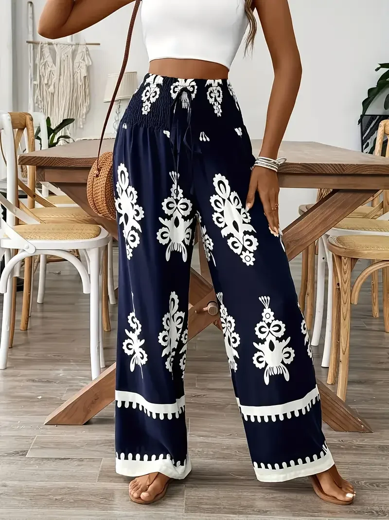 Taglie forti 1XL-5XL Pantaloni a gamba larga con stampa floreale moda donna Pantaloni lunghi larghi a vita alta con coulisse elegante casual femminile