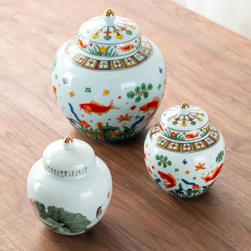 Chinese Ceramic Fish Tea Candy Box with Lid Table Top Flower Arrangement Vase Handicraft Home Jewelry Food Sundries Storage Jar