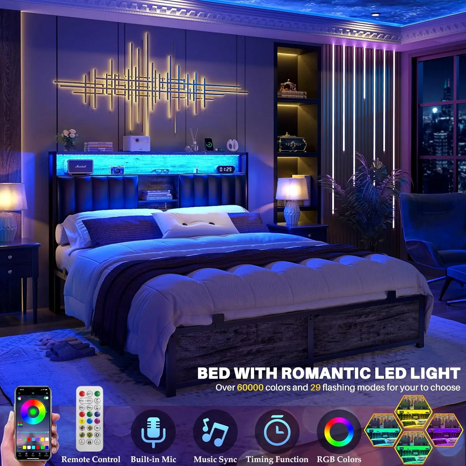 

Full Bed Frame with Charging Station & Led Lights, Platform Bed with Leather Upholstered Headboard and Storage