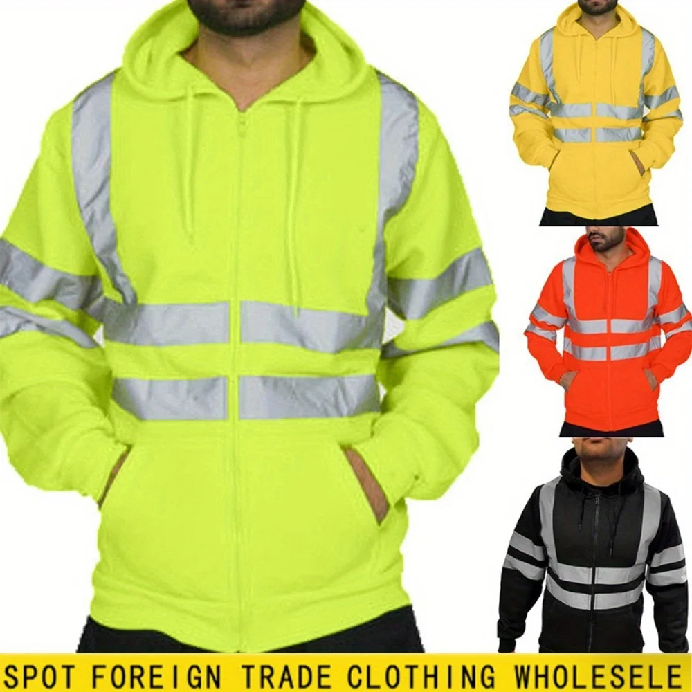 

2025 New Men's Sanitation Work Uniform, Reflective - Striped Fleece - Lined Hooded Sweatshirt, a Must - have for Outdoor Work