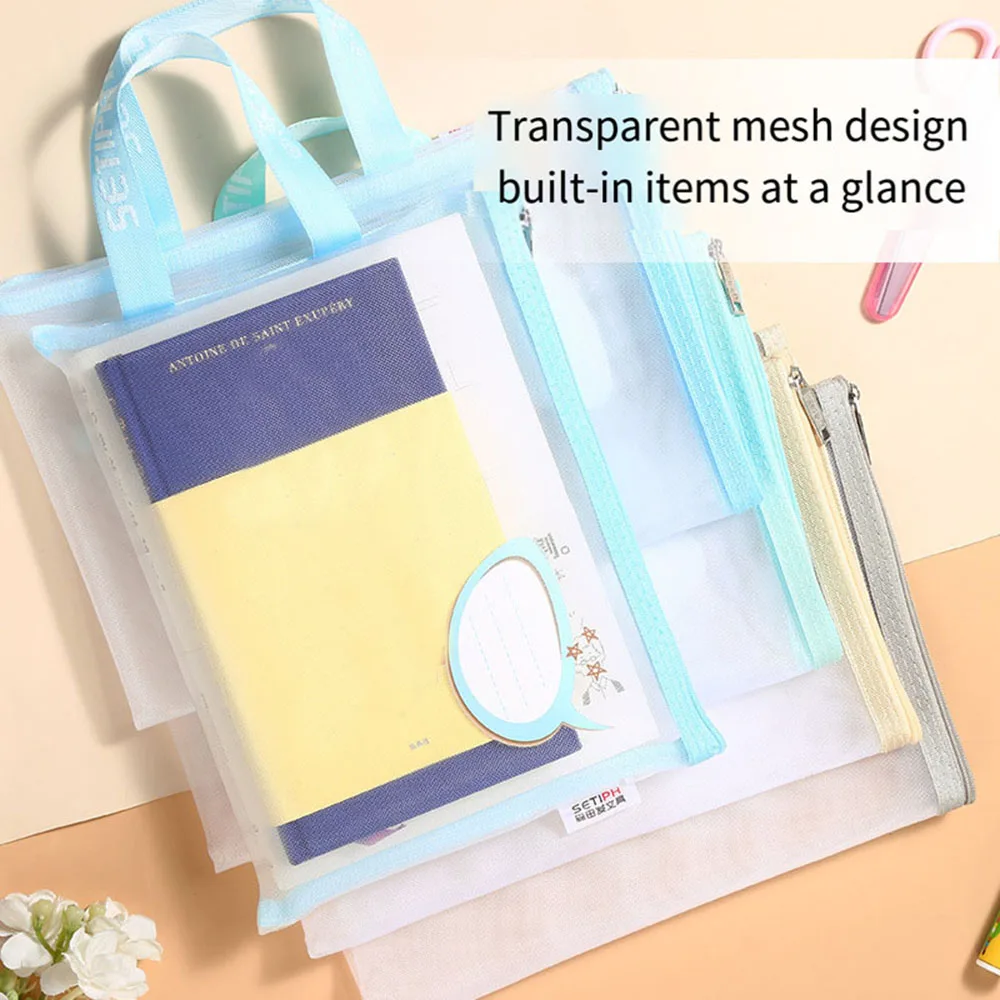 A4 File Document Bag Zipper Stationery Storage Bag Mesh Subject Bag Cosmetic Makeup Bag Organizer Bag Zipper Book File Folders