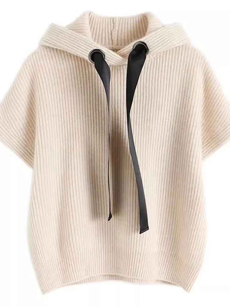 

Faionable Knitted Sweater Vest Pure Color Hooded Loose ort Sve Comfortable Overhead Sle Youthful Lazy Faion Top