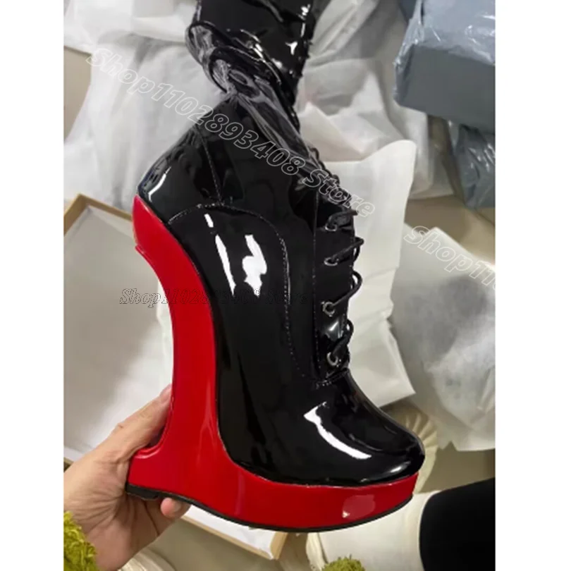 

Black Lace up Patent Leather Boots Platform Side Zipper British Style Dance Women Sexy Over Knee Boots 2024 Zapatos Para Mujere