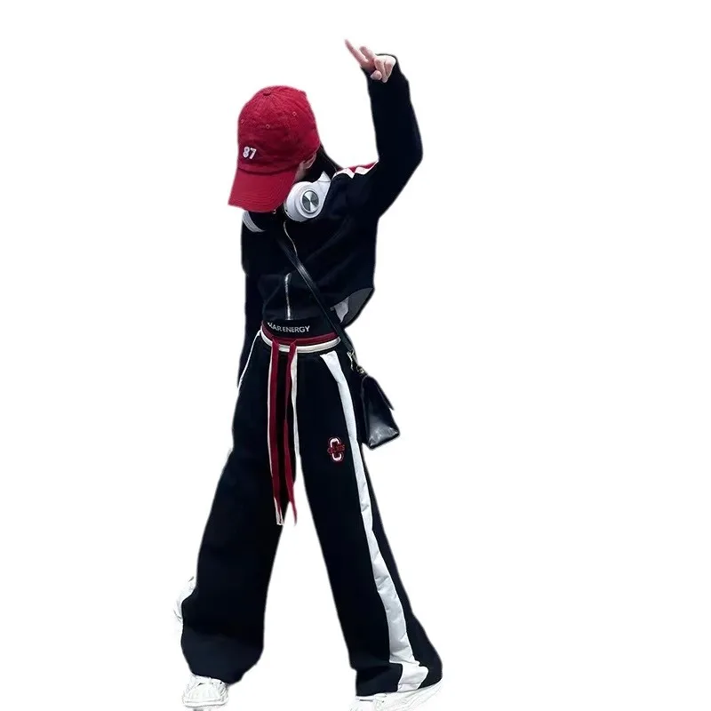 2026 autumn winter Teenager Clothes Children Set striped hooded loose jacket top + wide leg Pant tracksuit 4 6 8 10 12 14 year