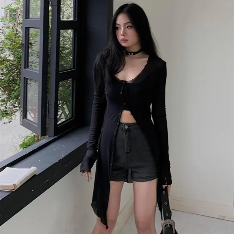 Simple Single Breasted Black Tops Women Summer New Sun Protection Mesh Cardigans Y2k E-Girl Long Sleeve Mid-length Blouses