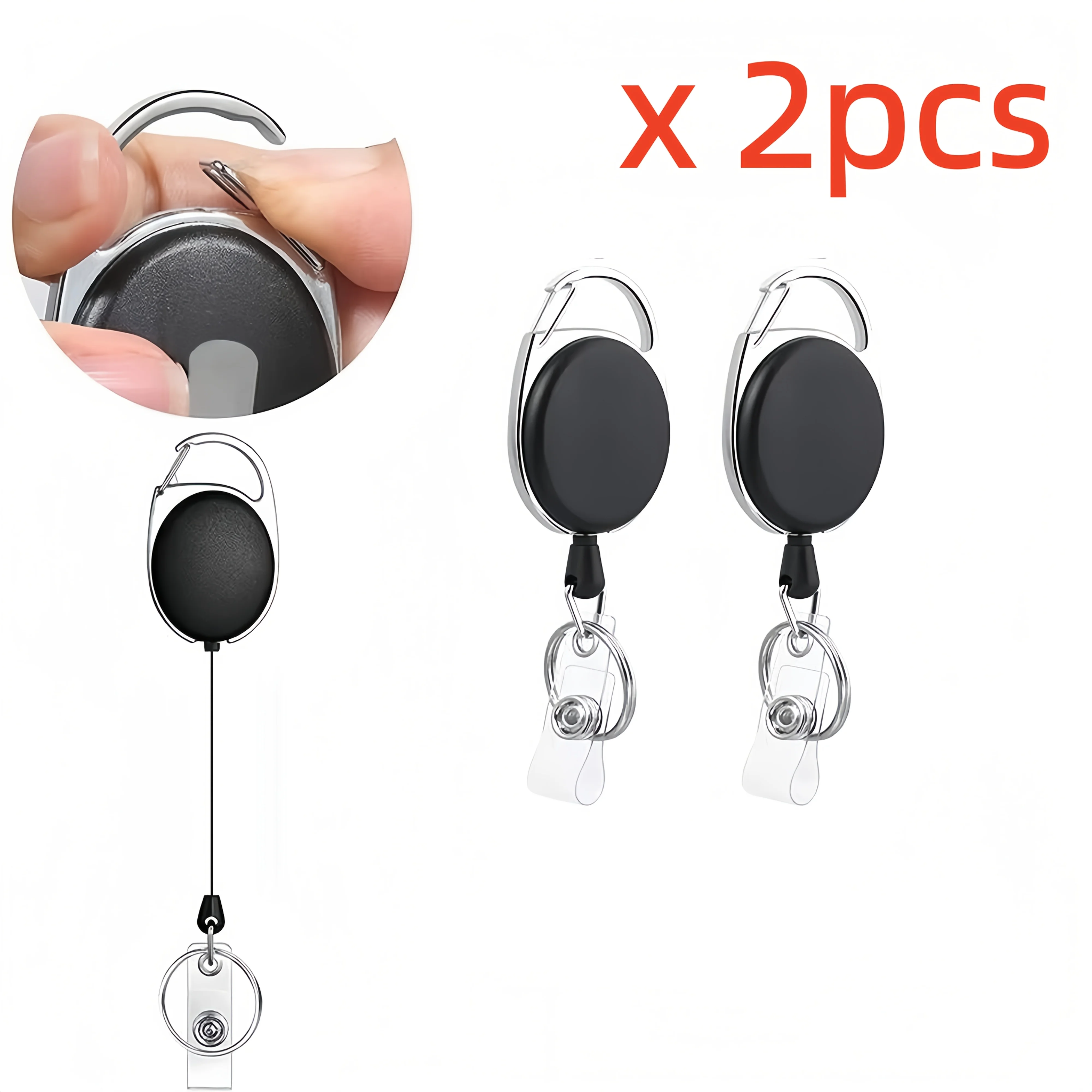 2pcs Retractable Badge Reel Holder, Heavy Duty Badge Clip with Keychain Ring, for ID Card, Name Tag, Key & Office Accessory