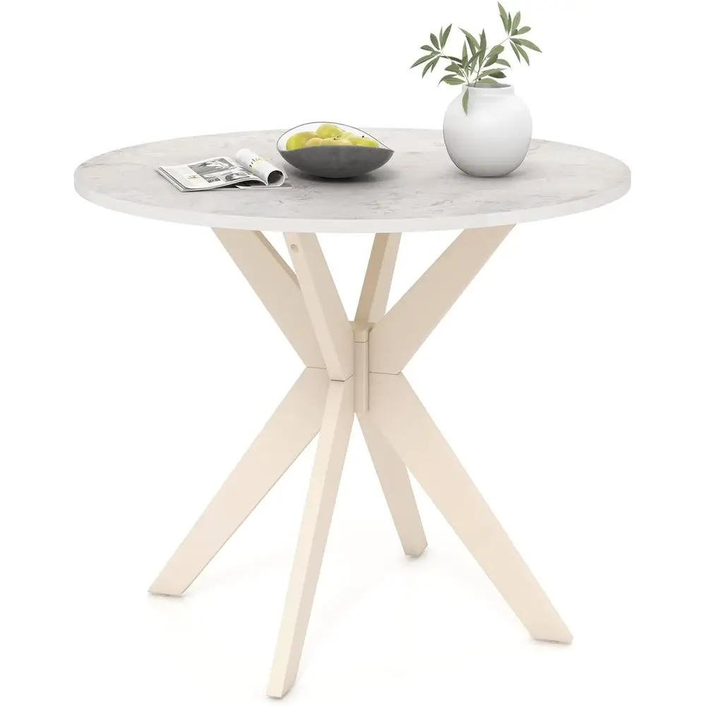 

36 Round Marble Top Dining Table with Solid Wood Legs, Suitable for 2-4 People, White & Beige Living Room Coffee Table