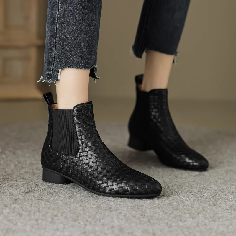 

Handmade Genuine Leather Sheepskin Pointed Toe Elastic Band woven Ankle boots women's Modern Boots Women High Heels