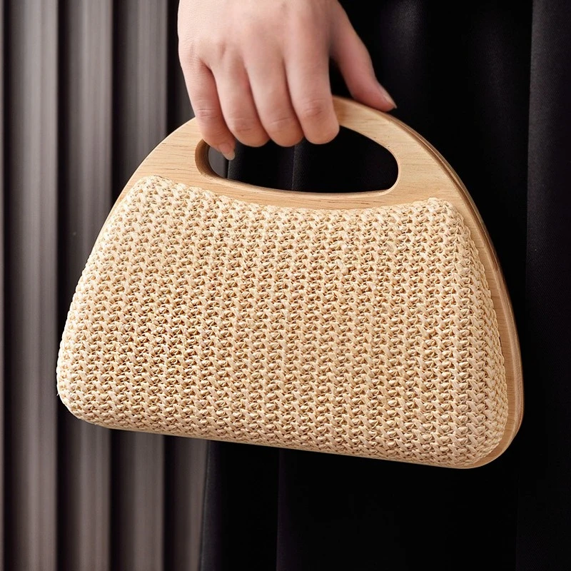 

2025 New Woven Straw Wood Trim Women's Handbag Summer Beach Vacation Tote Bag Cute Boho Purse for Women Fashion Crossbody Bag