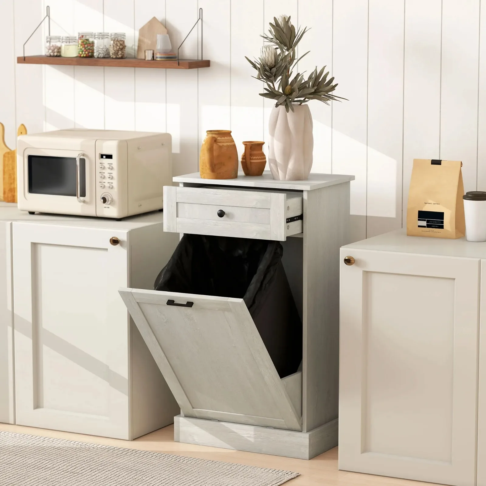 

Hidden Trash Can Container Tilt Opening Kitchen Cabinet Bin