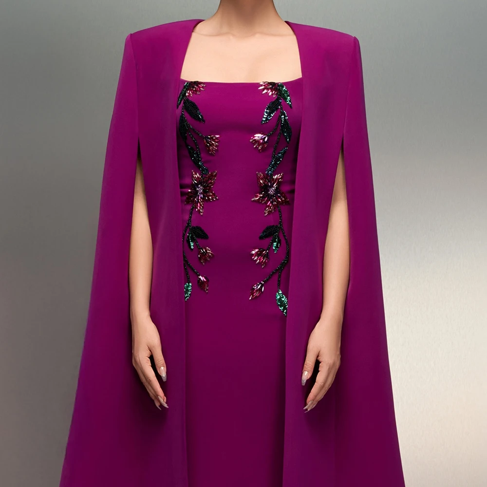 فساتين سهرة مخصصة على شكل حرف A بطول الأرض وياقة مربعة وأكمام طويلة فستان حفلات موضة كريستال مطرز بالزهور #2