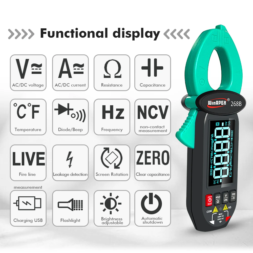 WINAPEX 750V DC AC Portable Clamp Meter AC DC Current Leakage Detection Screen Rotation for Household Circuit Fault Repair