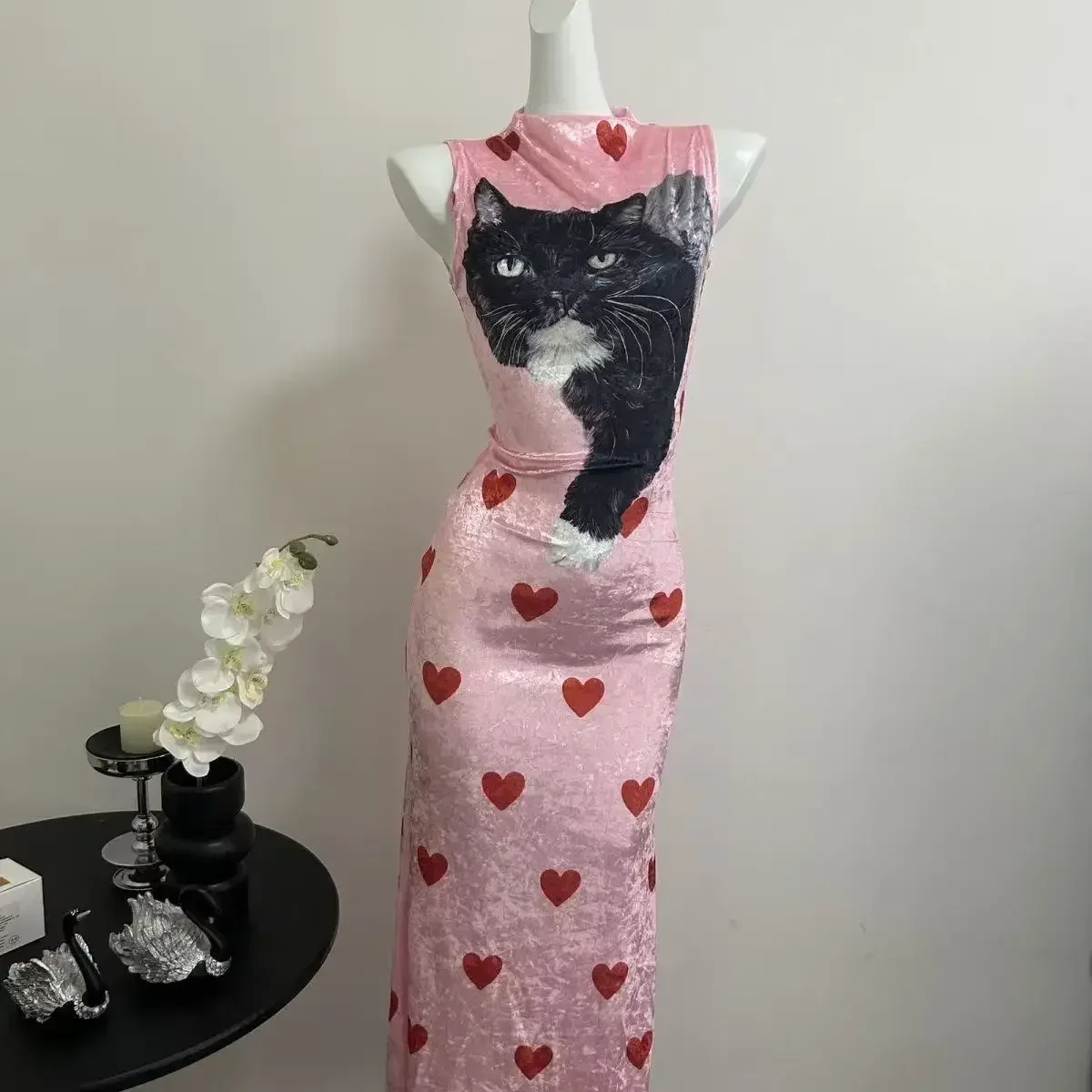 Alt Y2K Pink Velvet Sleeveless Maxi Dress Heart Allover Print Black Cat Graphic Slim Mermaid Skirt Dress