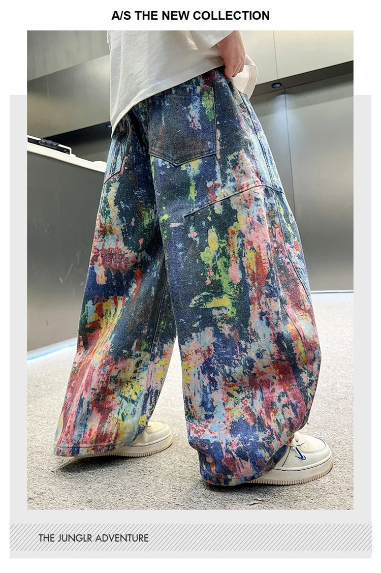 Street-Style Kinder Baggy Jeans mit Malerei für Jungen, Modische Hip-Hop Bedruckte Öl-Denim-Hosen, Teenager Kinder Streetwear Jeans Hosen – Detail 2