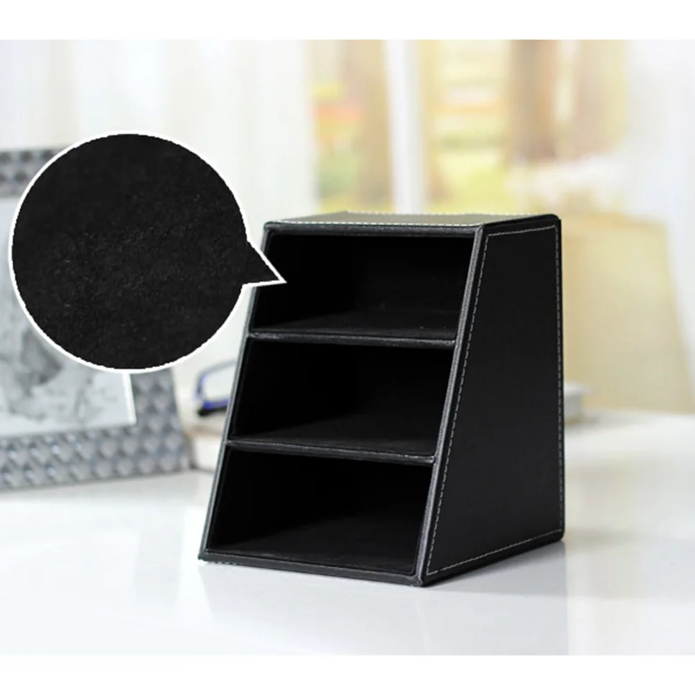 

3 Cells Phone Holder PU Storage Box Black Desktop Organizer Remote Organizer Makeup Storage Desk Decor