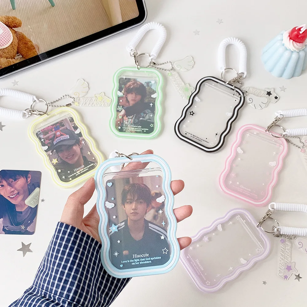 Macaron Color Elastic Cord 3 Inch Pendant Card Holder Cute Angel Wings Photocard Display Case Bus Card Holder view 3