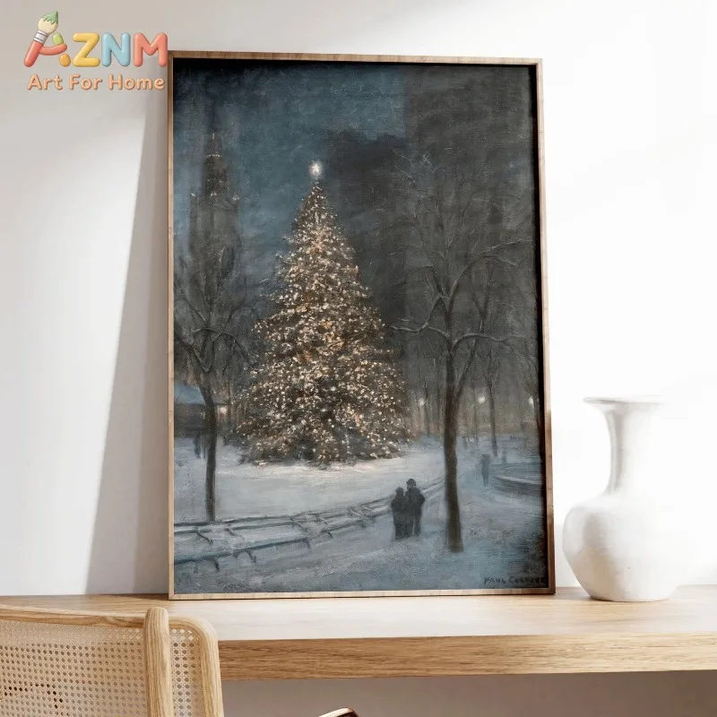 Vintage City Park Christmas Tree Canvas Wall Art Snowy Night Scene Moody Winter Xmas Home Wall Print Unframed Canvas Poster - view 2