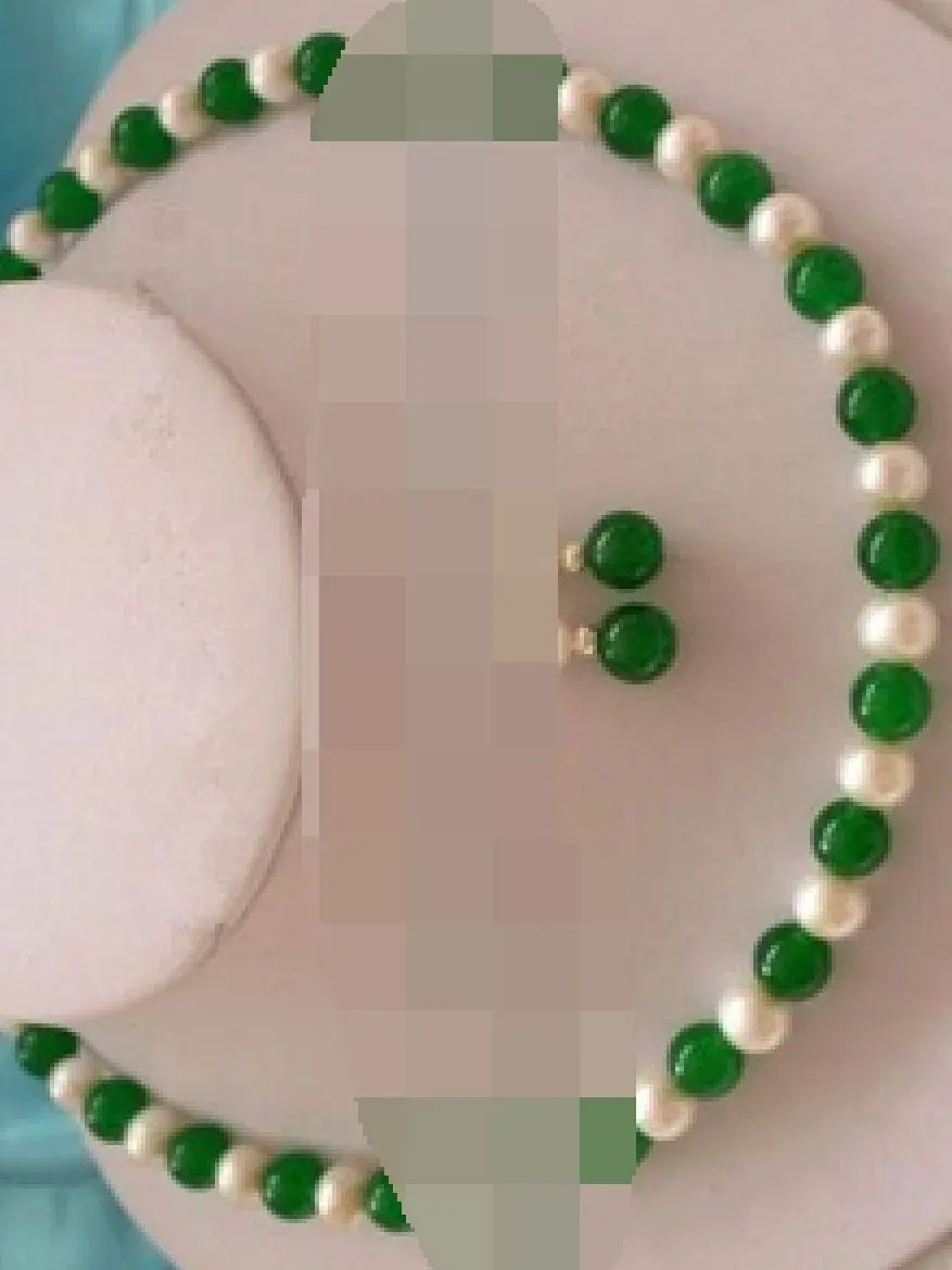 HANDMADE NATURAL 7-8MM REAL WHITE PEARL  GREEN  BEADS NECKLACE EARRINGS SET