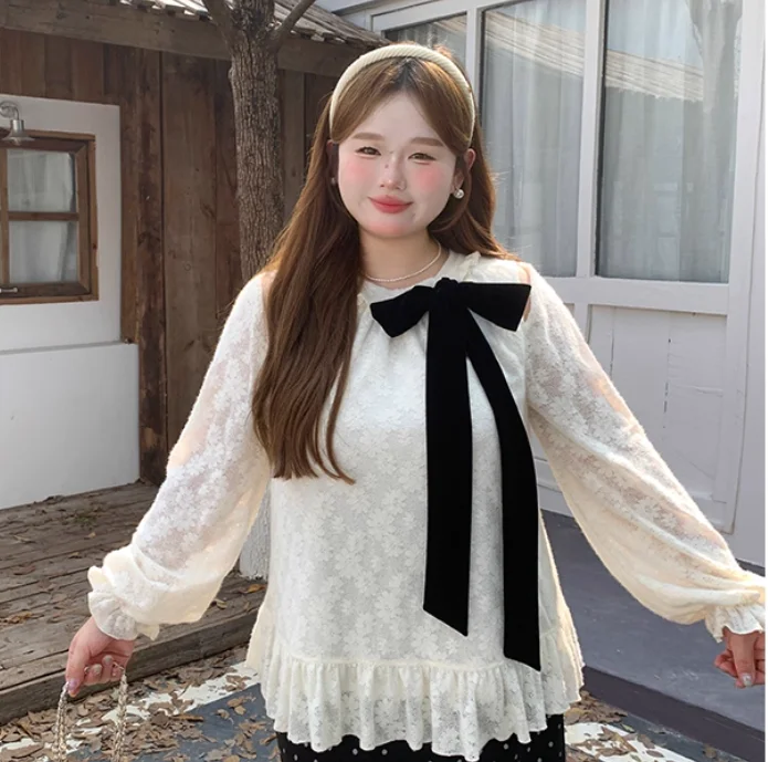Large Size Women Beige Early Autumn New Elegant Lace Chiffon Shirt Fashion Versatile Age-reducing Bow Loose Long-sleeved Top
