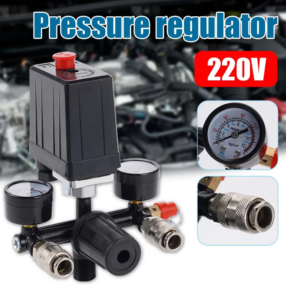 Válvula de compressor de ar 230-220v, válvula de interruptor de controle de pressão do compressor de ar 90-120psi, suporte de liga de alumínio 1/4 "bsp ar