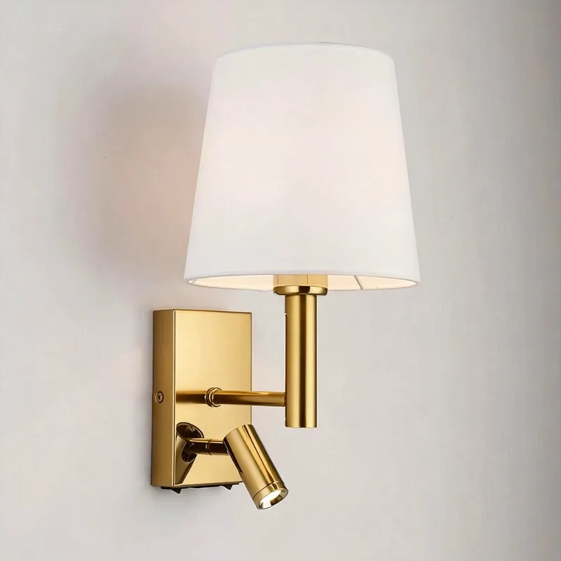 Nowoczesna minimalistyczna lampa ścienna z abażurem z tkaniny i włącznikiem, do salonu, gabinetu, sypialni, lampka nocna do czytania.