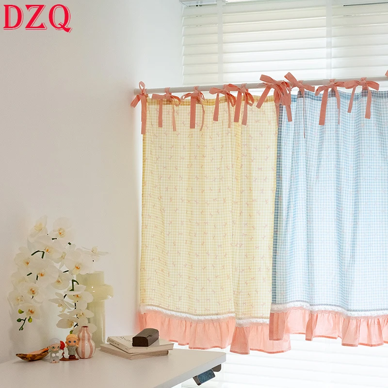 

Korea Sweet Blue/Yellow Bow Tab Top Short Curtains Rural Bow Half Curtains Cloth Kitchen Valance #A631