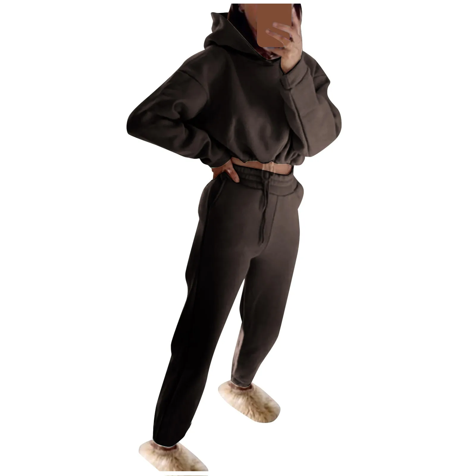 طقم رياضي مكون من قطعتين للنساء ، كنزة وبنطلون ، خصر مرن ، بدلات بنطلون أحادية اللون ، قلنسوة قصيرة ، خريف وشتاء