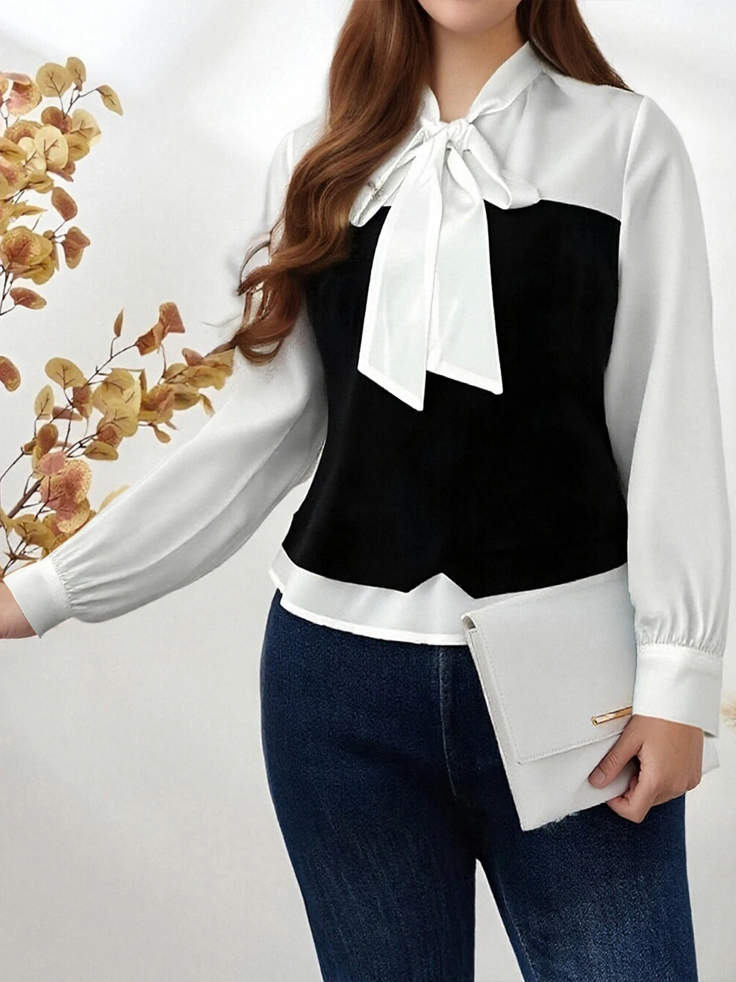 قمصان نسائية مقاس كبير للخريف متباينة مكونة من قطعتين ورقبة ربط وأكمام طويلة لملابس العمل غير الرسمية والنزهات في عطلة نهاية الأسبوع مع